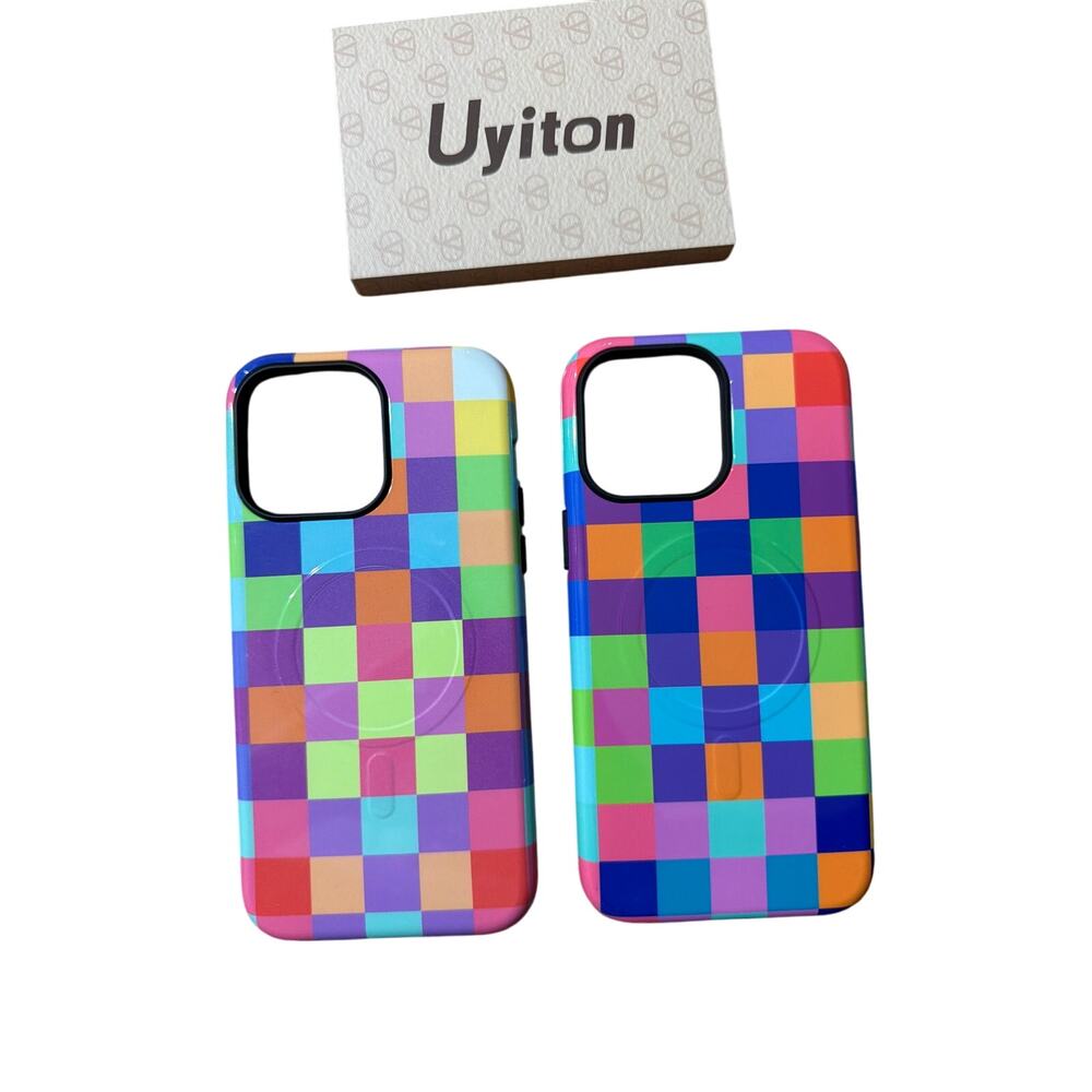 Rainbow Checker iPhone 14 Pro Max Case Set of 2 & Purple Lens Cover Colorful